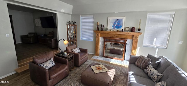 living room with dark hardwood / wood-style flooring