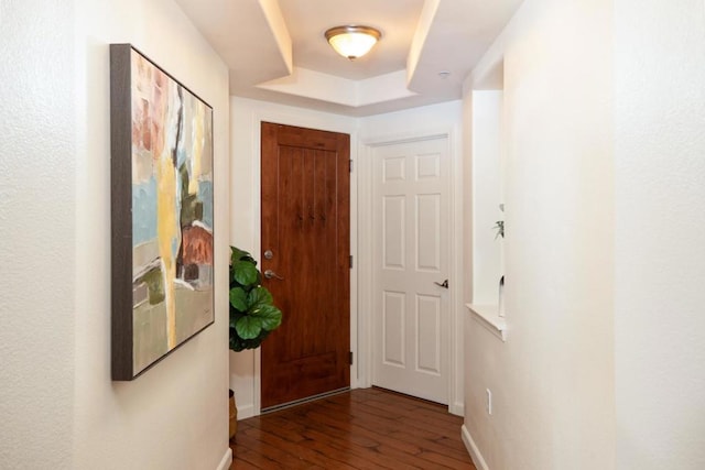 corridor featuring a tray ceiling and hardwood / wood-style flooring