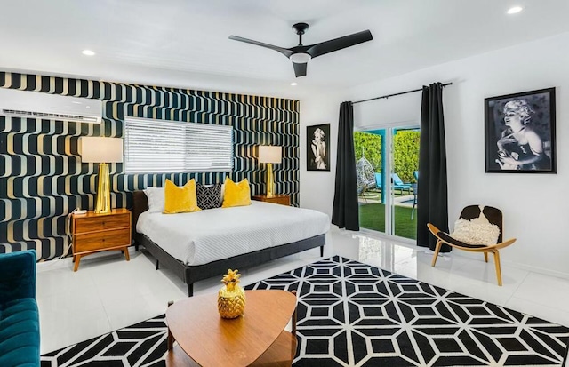 bedroom featuring ceiling fan, a wall unit AC, access to outside, and tile patterned flooring