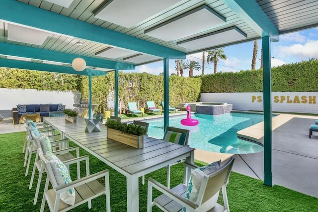 view of patio featuring outdoor lounge area and a pool with hot tub