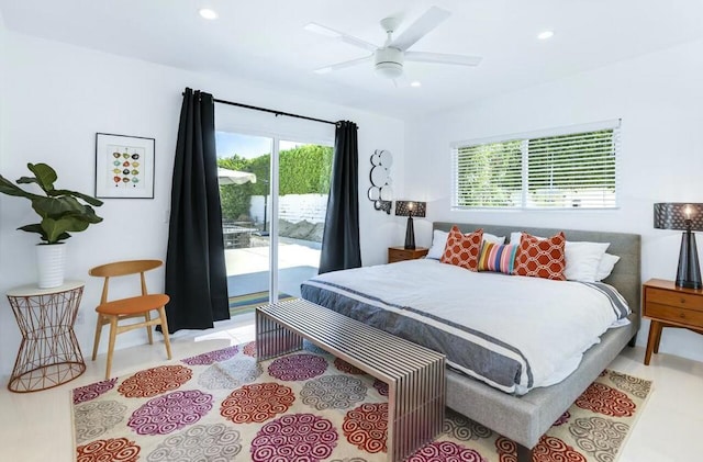 bedroom with ceiling fan and access to exterior