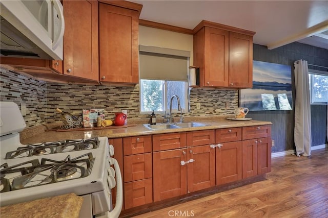 kitchen with a wealth of natural light, white appliances, a sink, and light wood finished floors