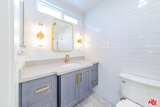 bathroom featuring toilet, vanity, and tile walls