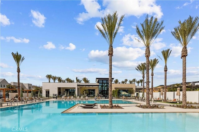 view of swimming pool featuring a patio