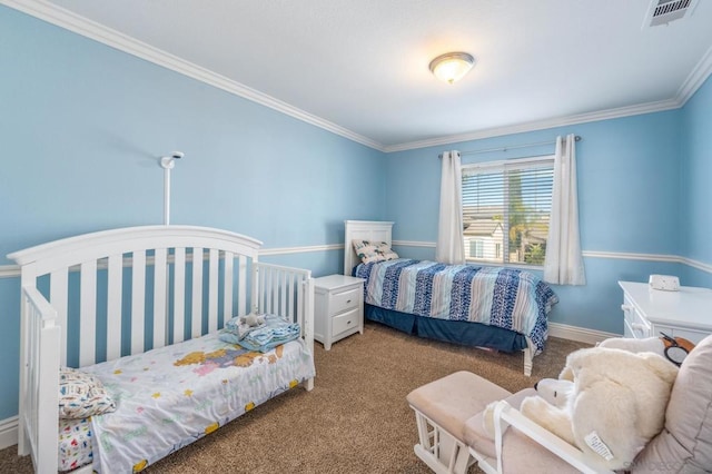 carpeted bedroom featuring ornamental molding