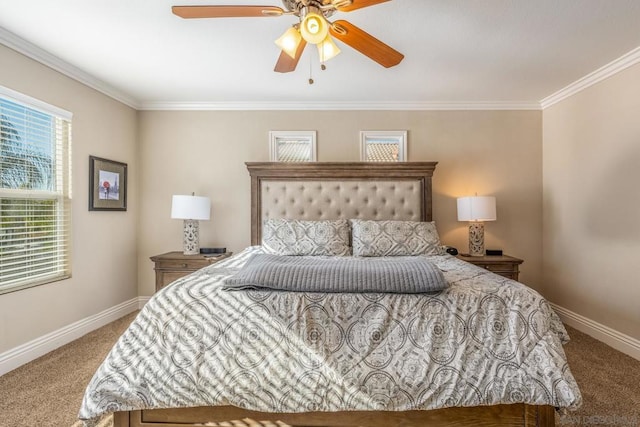 bedroom featuring ceiling fan, crown molding, and carpet flooring