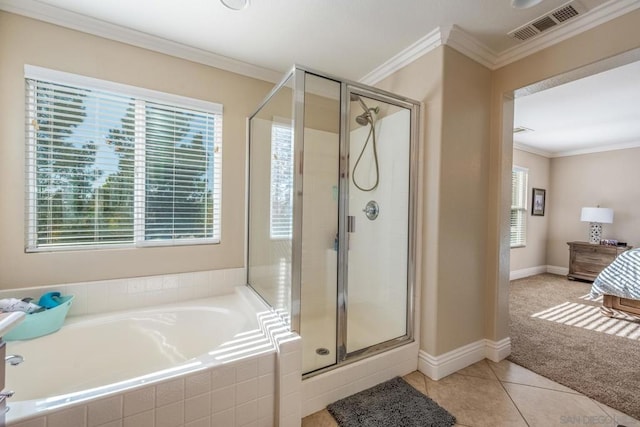 bathroom with independent shower and bath, tile patterned floors, and ornamental molding