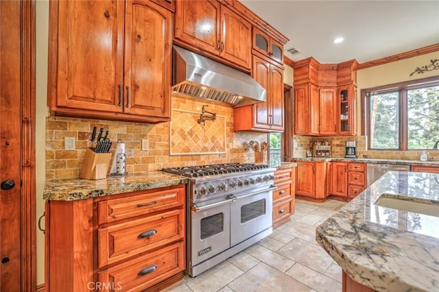 kitchen with light stone countertops, ventilation hood, backsplash, and appliances with stainless steel finishes