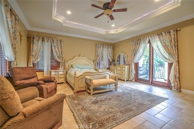 bedroom with a raised ceiling, access to exterior, baseboards, ceiling fan, and ornamental molding