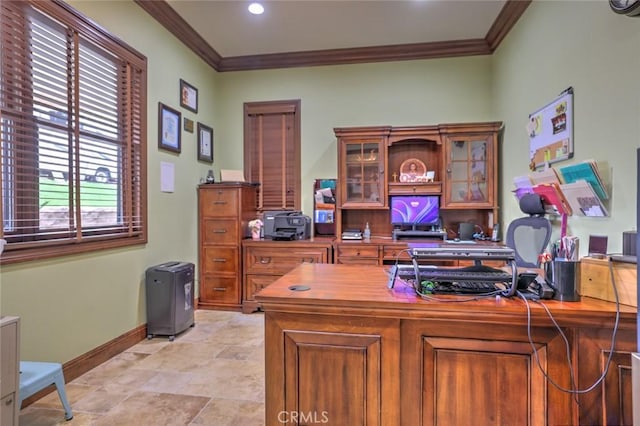 office area featuring recessed lighting, stone finish floor, crown molding, and baseboards