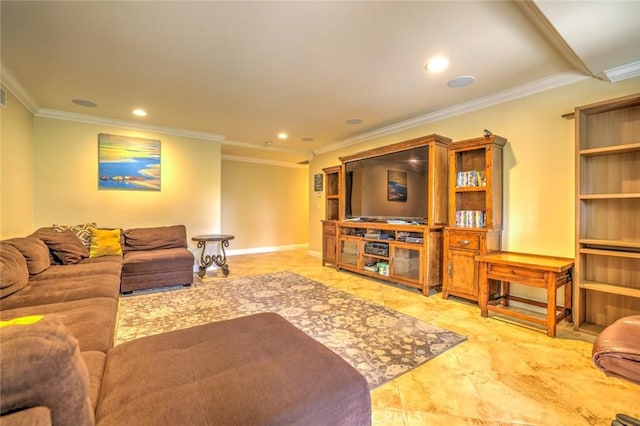 tiled living room with crown molding