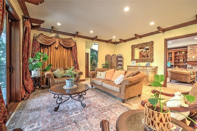 living room with crown molding and recessed lighting
