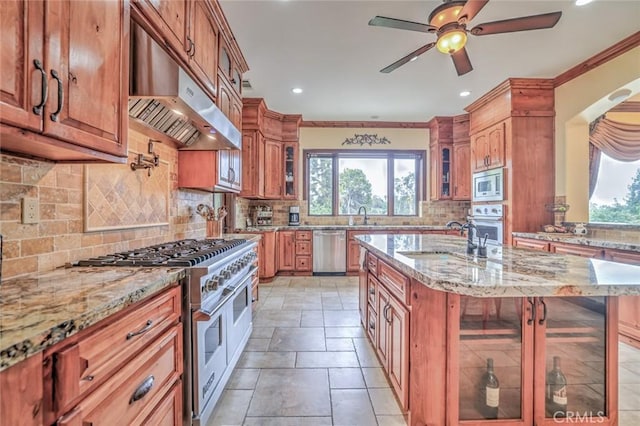 kitchen featuring plenty of natural light, appliances with stainless steel finishes, under cabinet range hood, and a sink