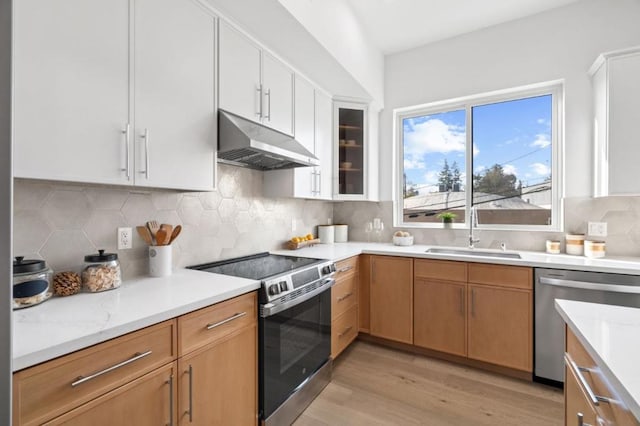 kitchen with sink, backsplash, white cabinets, light hardwood / wood-style floors, and stainless steel appliances