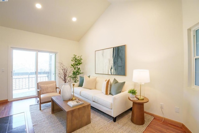 living room featuring light hardwood / wood-style flooring and high vaulted ceiling