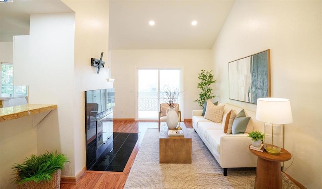 living room featuring high vaulted ceiling and light wood-type flooring