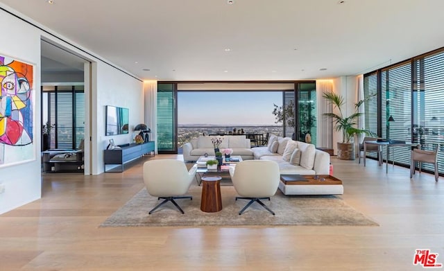 living room with light wood-type flooring and floor to ceiling windows