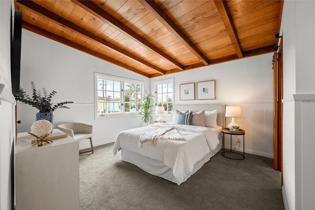 carpeted bedroom with lofted ceiling with beams and wood ceiling