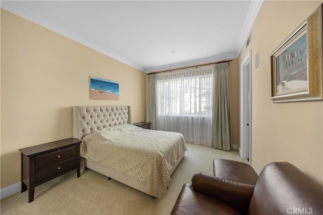 carpeted bedroom with ornamental molding