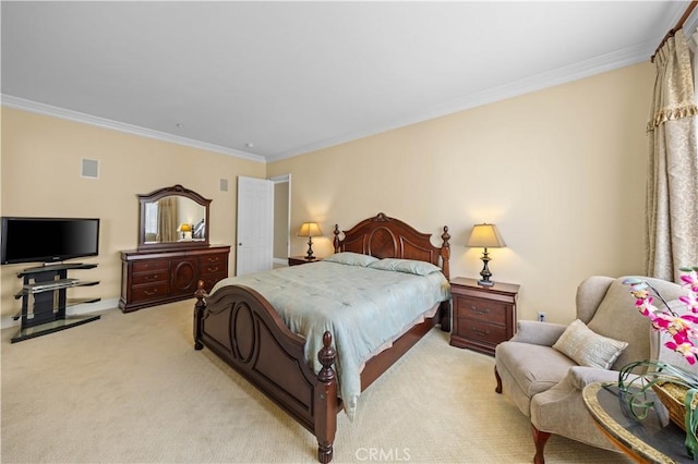 carpeted bedroom with ornamental molding