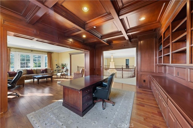 office area with beamed ceiling, wooden walls, wooden ceiling, crown molding, and coffered ceiling