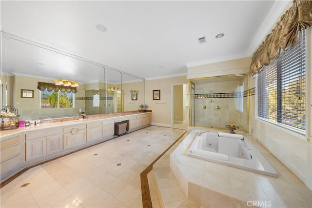 bathroom with tile patterned floors, vanity, ornamental molding, and independent shower and bath