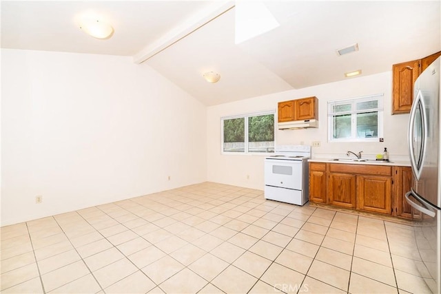 kitchen with lofted ceiling with beams, sink, white range with electric cooktop, light tile patterned floors, and stainless steel fridge