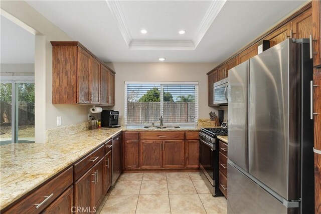 kitchen with sink, a tray ceiling, a wealth of natural light, and stainless steel appliances