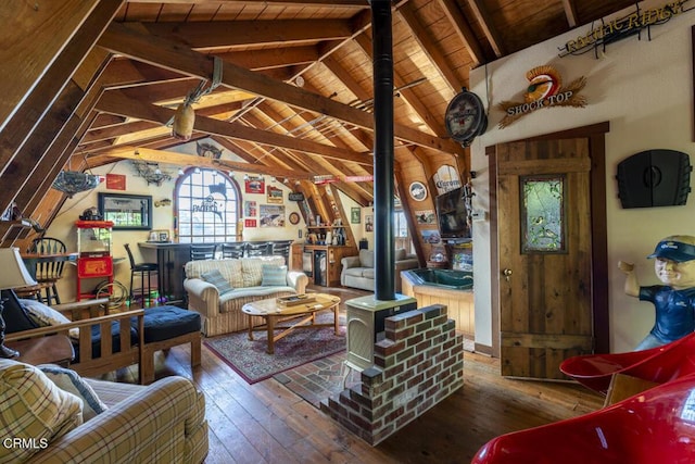 sitting room featuring wooden ceiling, wood-type flooring, and vaulted ceiling