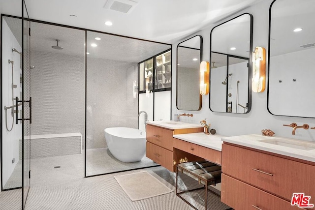 bathroom with vanity and plus walk in shower