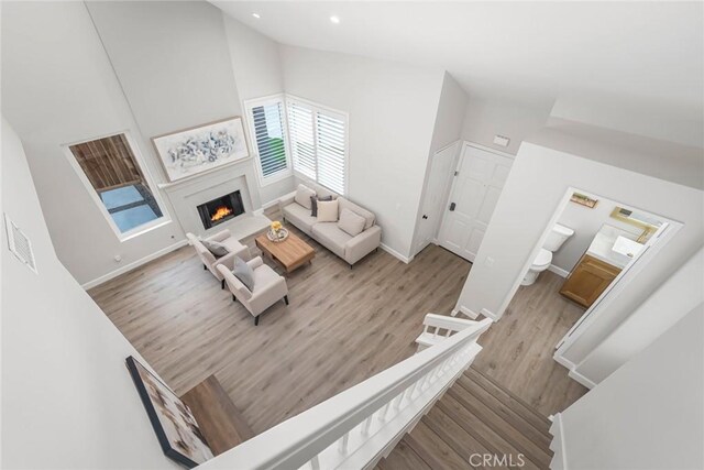 living room featuring high vaulted ceiling and light hardwood / wood-style floors