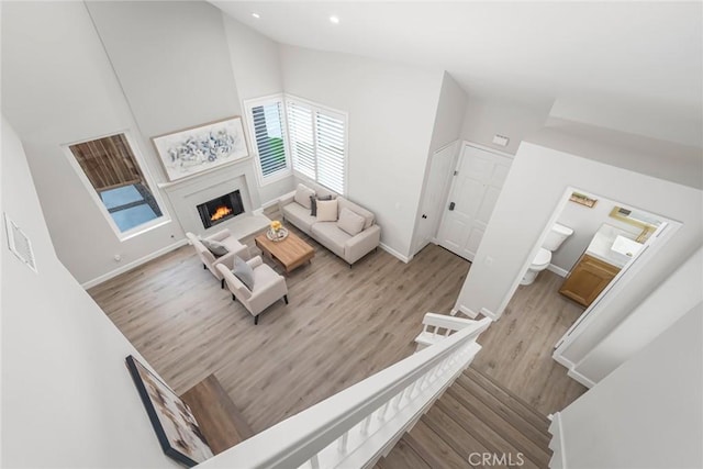 living room featuring high vaulted ceiling and light hardwood / wood-style flooring