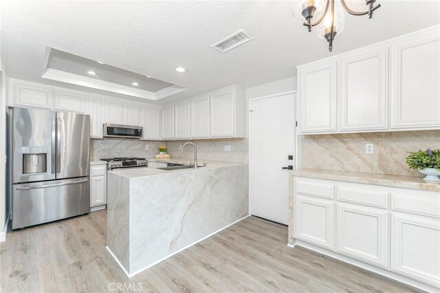 kitchen featuring a raised ceiling, appliances with stainless steel finishes, sink, and white cabinets