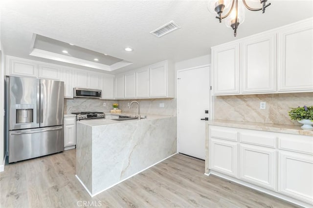 kitchen featuring white cabinetry, sink, stainless steel appliances, and a raised ceiling