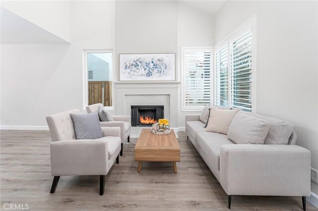 living room with high vaulted ceiling and light wood-type flooring