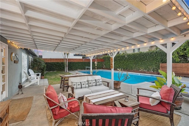 view of pool featuring outdoor lounge area, a patio, and a pergola