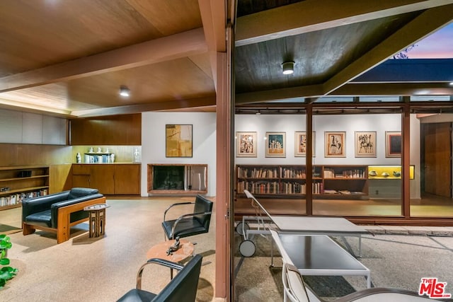 playroom featuring wood ceiling and beamed ceiling