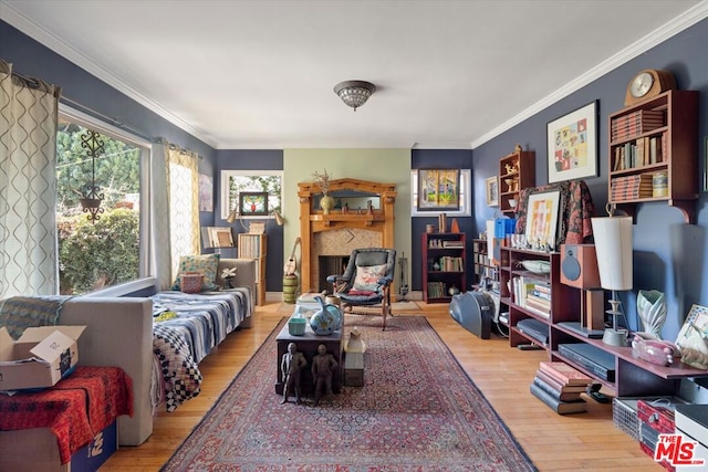 interior space with ornamental molding and light hardwood / wood-style floors