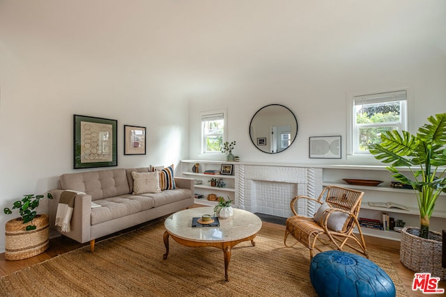 living room with a fireplace and hardwood / wood-style flooring