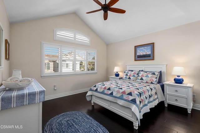 bedroom featuring vaulted ceiling, dark wood-type flooring, and ceiling fan