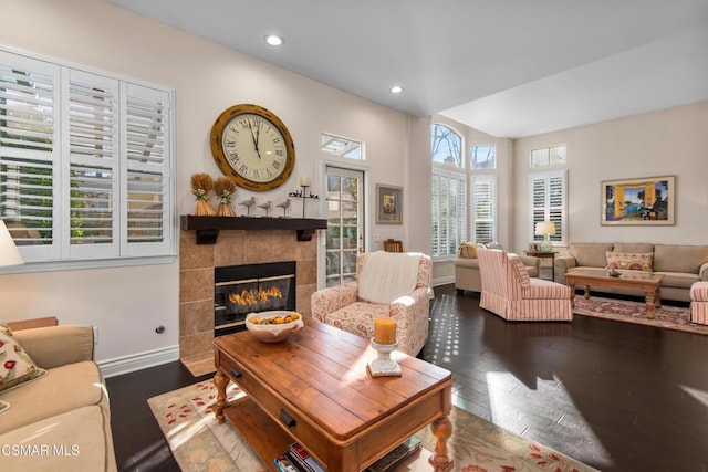 living room featuring hardwood / wood-style flooring and a fireplace