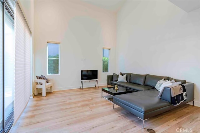 living room featuring a towering ceiling and light wood-type flooring