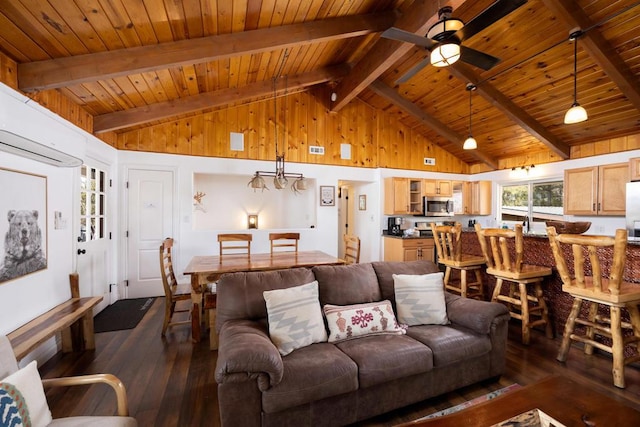 living room featuring high vaulted ceiling, wooden ceiling, dark hardwood / wood-style floors, and beamed ceiling