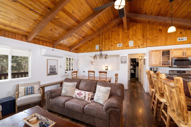 living room featuring high vaulted ceiling, wooden ceiling, dark hardwood / wood-style floors, and beam ceiling