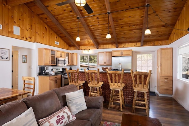 living room featuring a wealth of natural light, beamed ceiling, wood ceiling, dark wood-type flooring, and high vaulted ceiling