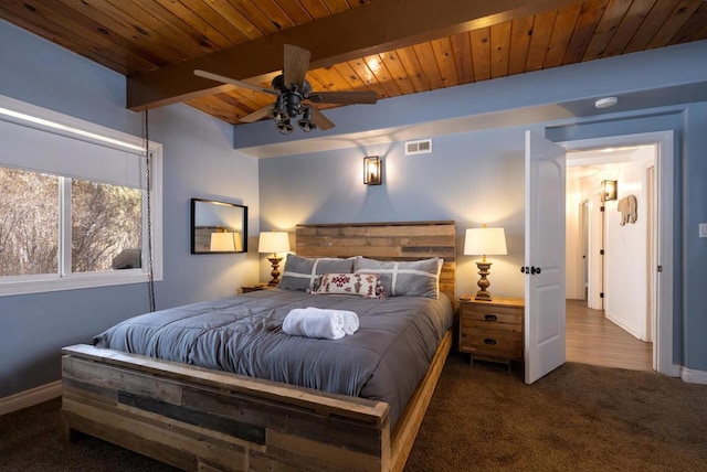 carpeted bedroom with ceiling fan, wooden ceiling, and beamed ceiling