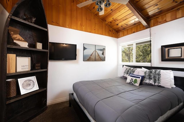 bedroom with ceiling fan, carpet floors, wood ceiling, and lofted ceiling with beams