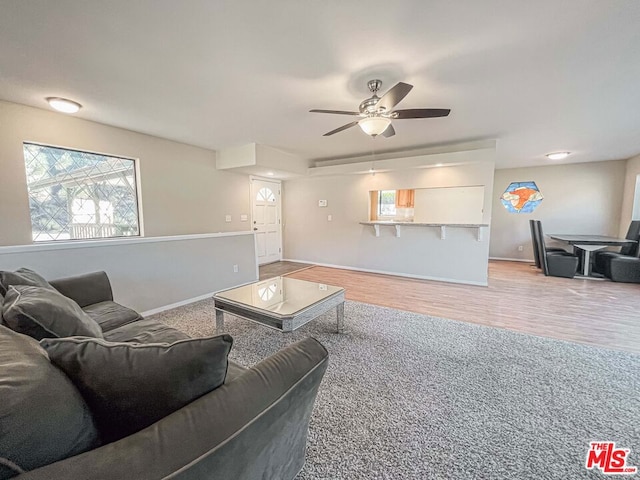 living room featuring ceiling fan and hardwood / wood-style flooring