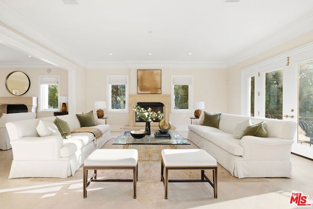 living room with crown molding