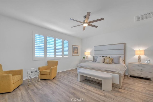 bedroom featuring ceiling fan and light hardwood / wood-style flooring